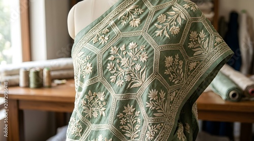 Luxury Green Embroidered Dress on Mannequin with Floral Patterns