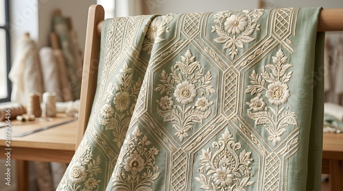 Luxury Embroidered Green Fabric with Floral Patterns on Display