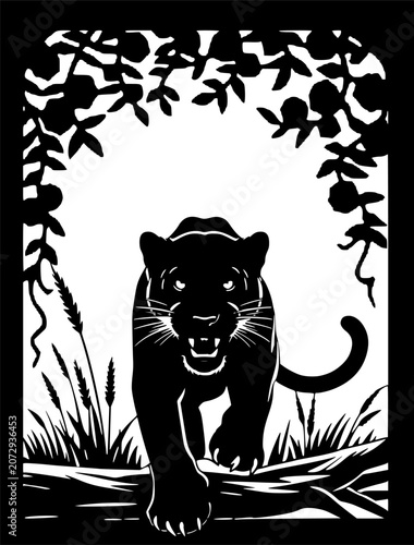 Принти на полотні High-contrast black and white vector art of a panther prowling through jungle leaves