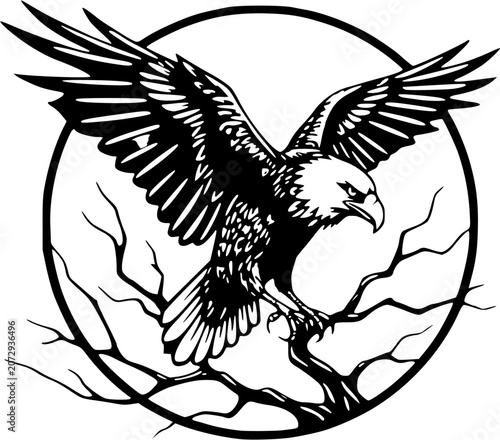 Dynamic black and white vector art of a bald eagle soaring with outspread wings in a circular frame.