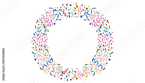 Colorful confetti and streamers circular frame isolated on transparent background
