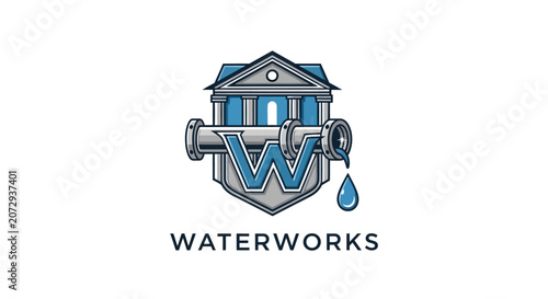Waterworks Plumbing Logo Design with Shield and Pipe Icon