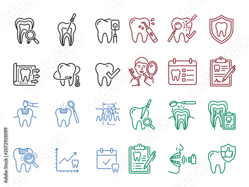 Dental care and oral hygiene vector icon set, professional dentistry services, tooth health and medical treatment symbols, complete collection of 24 editable line art icons for healthcare design