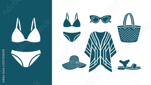 Tableau sur toile Beachwear Icon Set: bikini top and bottom, sunglasses, sun hat, tote bag, cover-up, and sandals — vector illustration