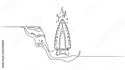 Fotografie Continuous line drawing of an arrowhead with fire and smoke, archaeological disc