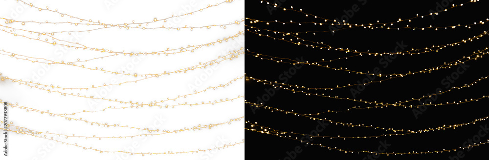 Fototapeta premium gold glitter garland lines side by side on white and black background, realistic glowing sparkle fairy lights split screen overlay