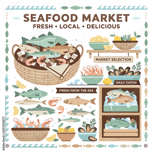 Photos Fresh seafood market basket display.