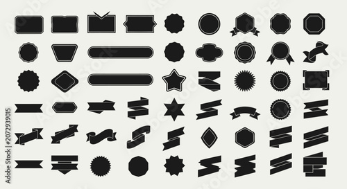 Collection of vintage stamp shapes, ribbons, and badges on a light background