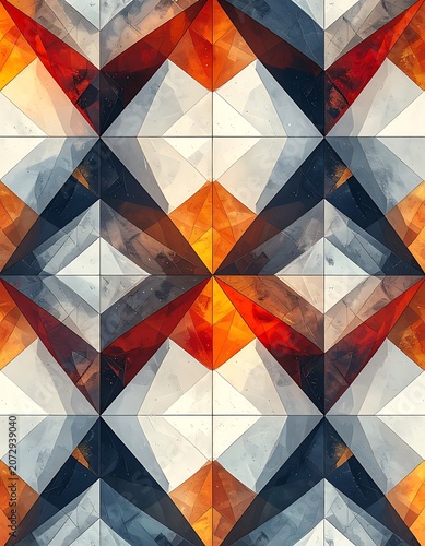 A geometric pattern of triangles in shades of orange, blue, and gray