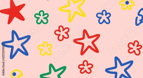 Colorful Stars and Flowers Seamless Pattern on Pink Background