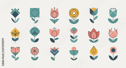 Geometric Flowers Vector Art Set: Flat Design Icons