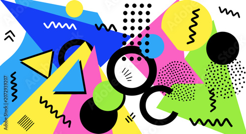 Retro Memphis Style Abstract Background with Geometric Shapes and Patterns