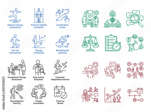 Comprehensive rehabilitation therapy vector icon set, outlining balance training, postural stability, coordination review, and fall risk assessment; medical care and recovery planning for