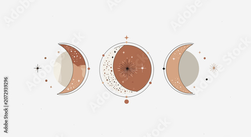 Celestial moon phases illustration, boho style, neutral colors, abstract art