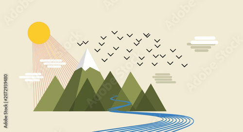 Nature Landscape: Sun Over Mountains, River, Birds Flying, Clouds