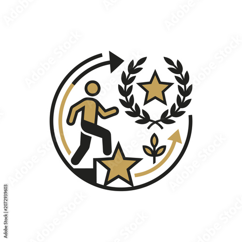 Career Growth Cycle Icon: Steps, Stars, Laurel Wreath, Arrows