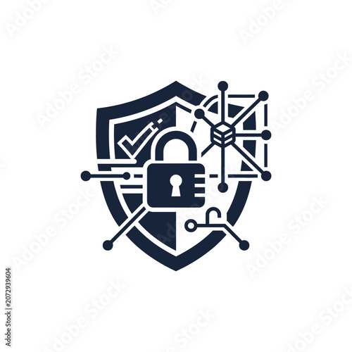 Digital Security Shield Icon with Lock and Network