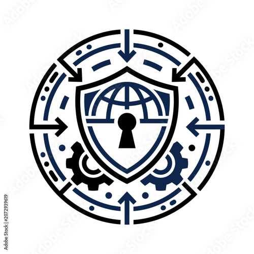 Cybersecurity Shield Icon with Global Network and Keyhole
