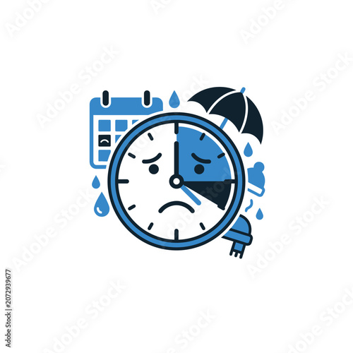 Sad Clock Icon with Calendar and Umbrella, Time Management Stress