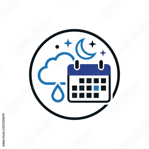 Calendar Icon with Weather Symbols, Night Sky, and Clouds