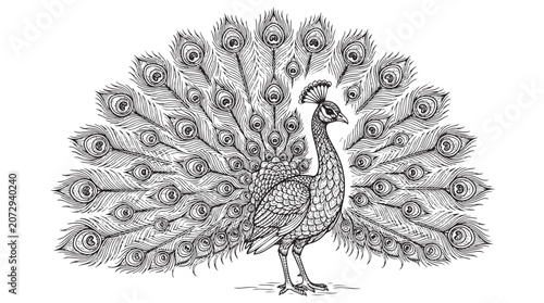 Canvastavla Vintage peacock engraving with fanned tail feathers, ornate bird illustration in