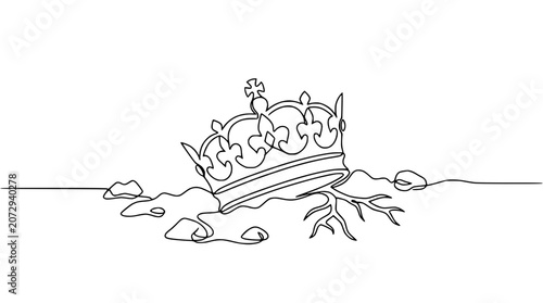 Fotografi Single continuous line drawing of a crown on a tree root, minimalist symbol of royalty and nature