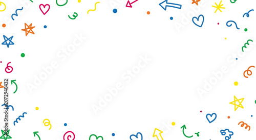Colorful Doodle Frame with Stars, Hearts, Confetti on White Background