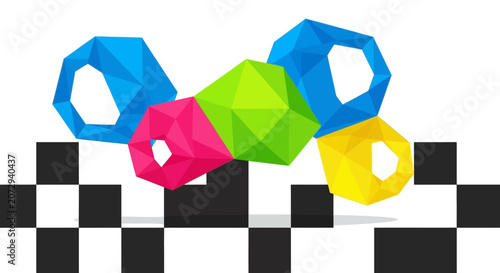 Colorful polygonal beads on a checkered pattern