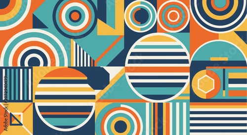 Geometric Abstract Pattern, Retro Colors, Circles, Squares, Hexagons