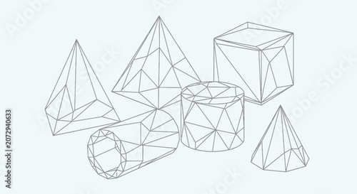 Wireframe Geometric Shapes: Cubes, Pyramids, Cylinders