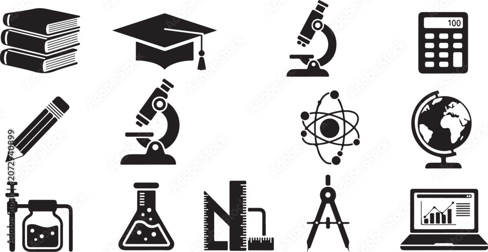 Fototapeta premium Education icons, school symbols, science graphics, 13 vector illustrations