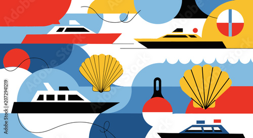 Modern Nautical Transportation: Yachts, Buoys, and Seashells Illustration