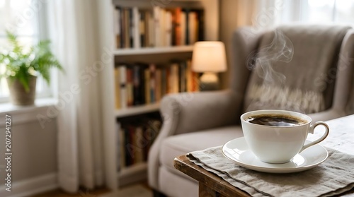 Hot Coffee Cup on Table Beside Cozy Armchair with Bookshelf