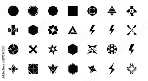 Set of abstract geometric icons and symbols on white background