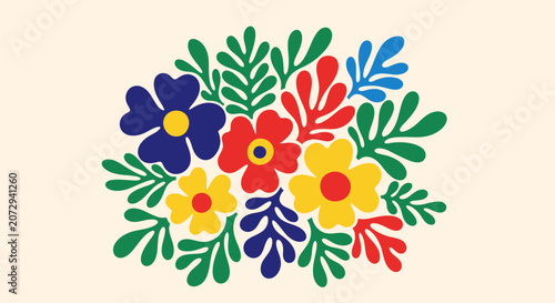 Vibrant abstract floral arrangement, colorful primitive art style, simple shapes