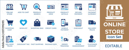 Tableau sur toile Online store icon set featuring e-commerce shopping cart, mobile digital payment, product search, delivery truck tracking, order checklist, and secure checkout symbols