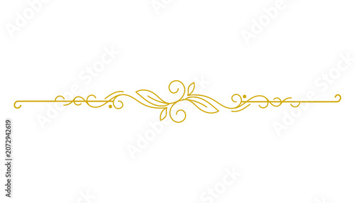 Elegant golden flourish divider line with leaves and scrolls, isolated on transparent background
