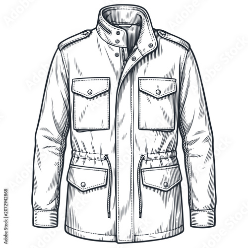 Vector lineart illustration of a men's military field jacket with four pockets. Monochrome outline graphic of casual autumn apparel isolated.
