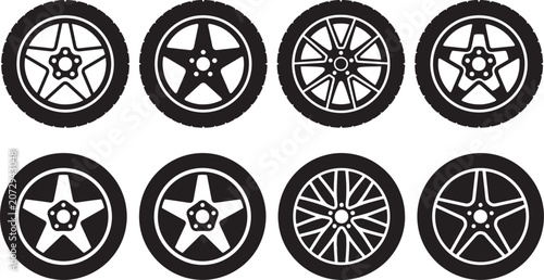 Set of car wheels and tires icons, vector illustration of various alloy rim designs for automotive vehicles
