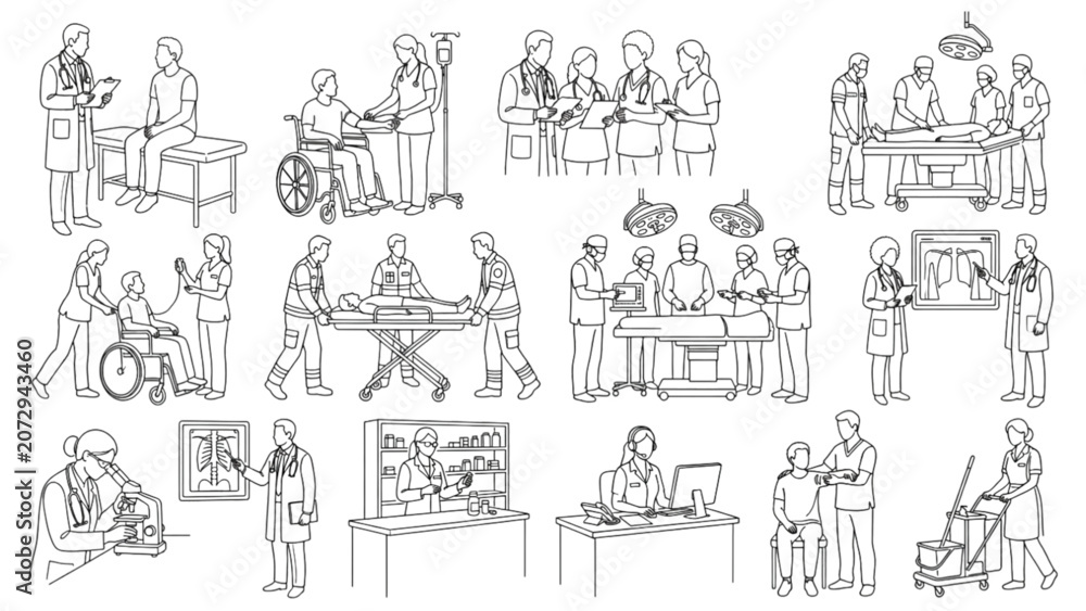 Obraz premium Clinical Care Staff Poses Line Art Collection | 10 Premium Healthcare Workflow Vector Pack