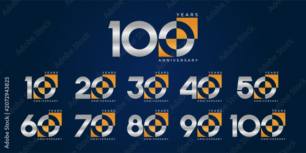 Fototapeta premium Set of modern vector logo designs for 10th to 100th anniversary, in modern color for celebrations, and birthdays 