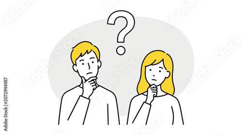 Confused young couple thinking with question mark, problem solving, doubt and decision concept vector illustration