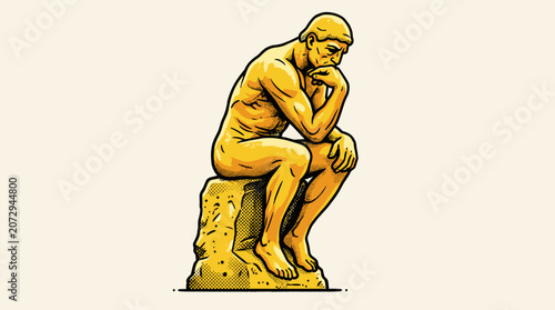 Canvas Print Golden thinker statue vector illustration, classical philosopher sculpture symbo