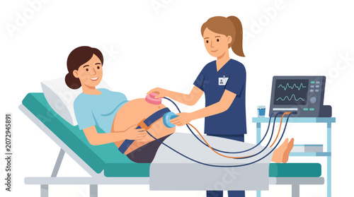 Medical professional performing fetal monitoring on pregnant woman.