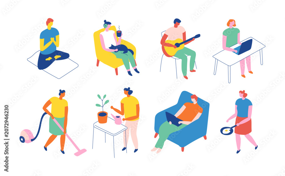Fototapeta premium Isometric cozy home lifestyle collection with meditation, laptop work, gardening, vacuum cleaning, guitar music, cooking and relaxing on sofa.