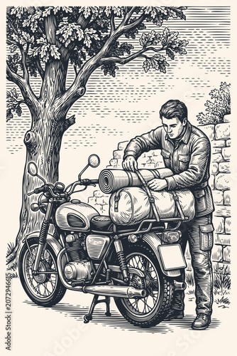 Vector engraving illustration of a man packing luggage on a classic motorcycle. Vintage monochrome graphic of a traveler preparing for a trip.