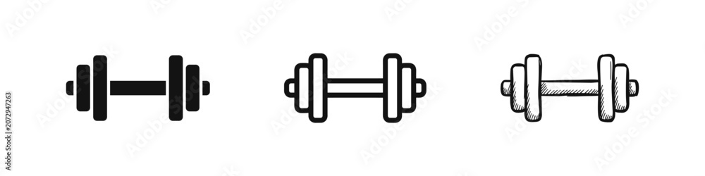Fototapeta premium Gym dumbbell weight icon set, solid, outline, and sketch style