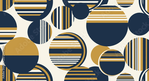 Modern Abstract Circles Pattern, Gold, Navy, White Stripes