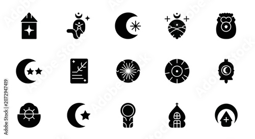 Islamic and Celestial Icons: Moon, Star, Lantern, Mosque, Owl
