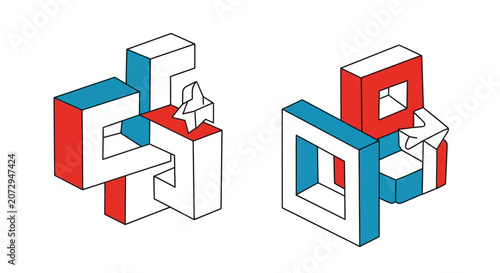 Interlocking Geometric Blocks, Red, White, Blue, Abstract Design
